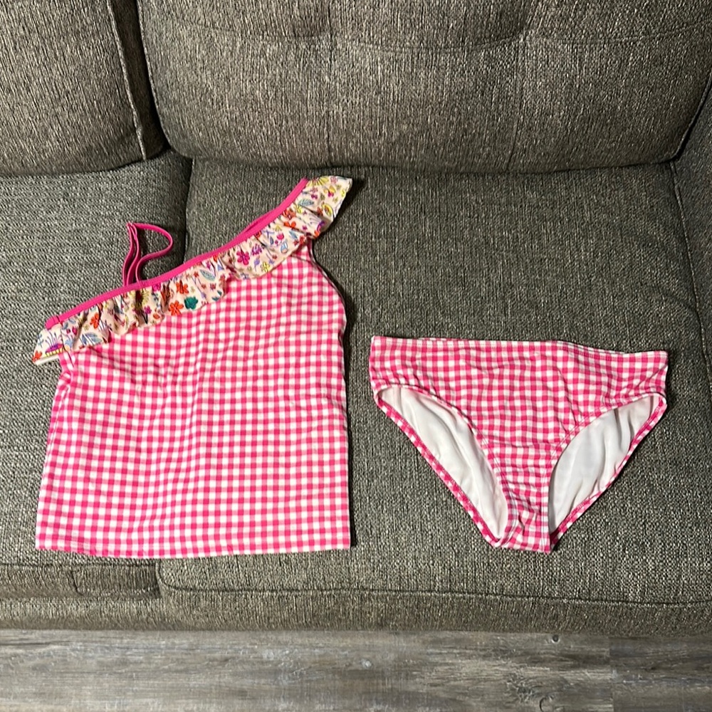Lands' End Pink Gingham One-Shoulder Swimsuit